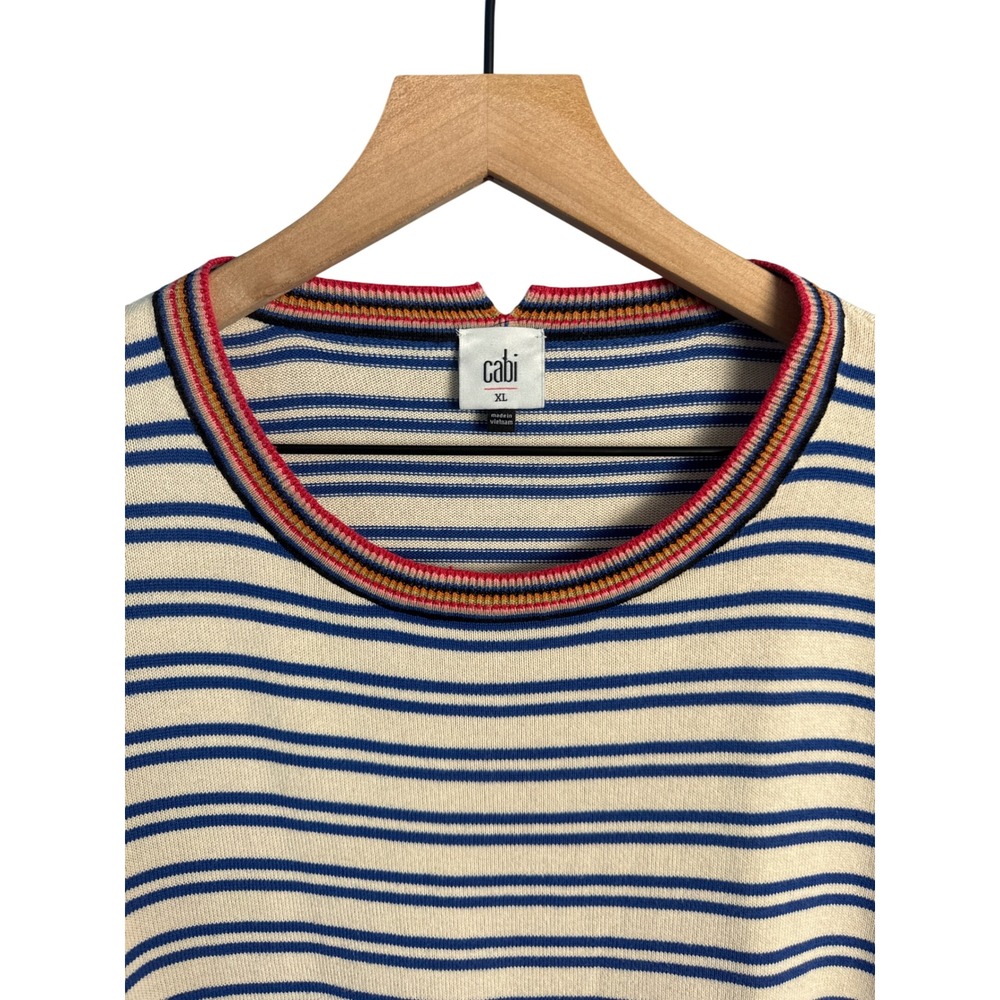 Cabi Striped Knit Sweater XL Blue Cream Rainbow Trim Coastal Preppy Aesthetic - Picture 3 of 7